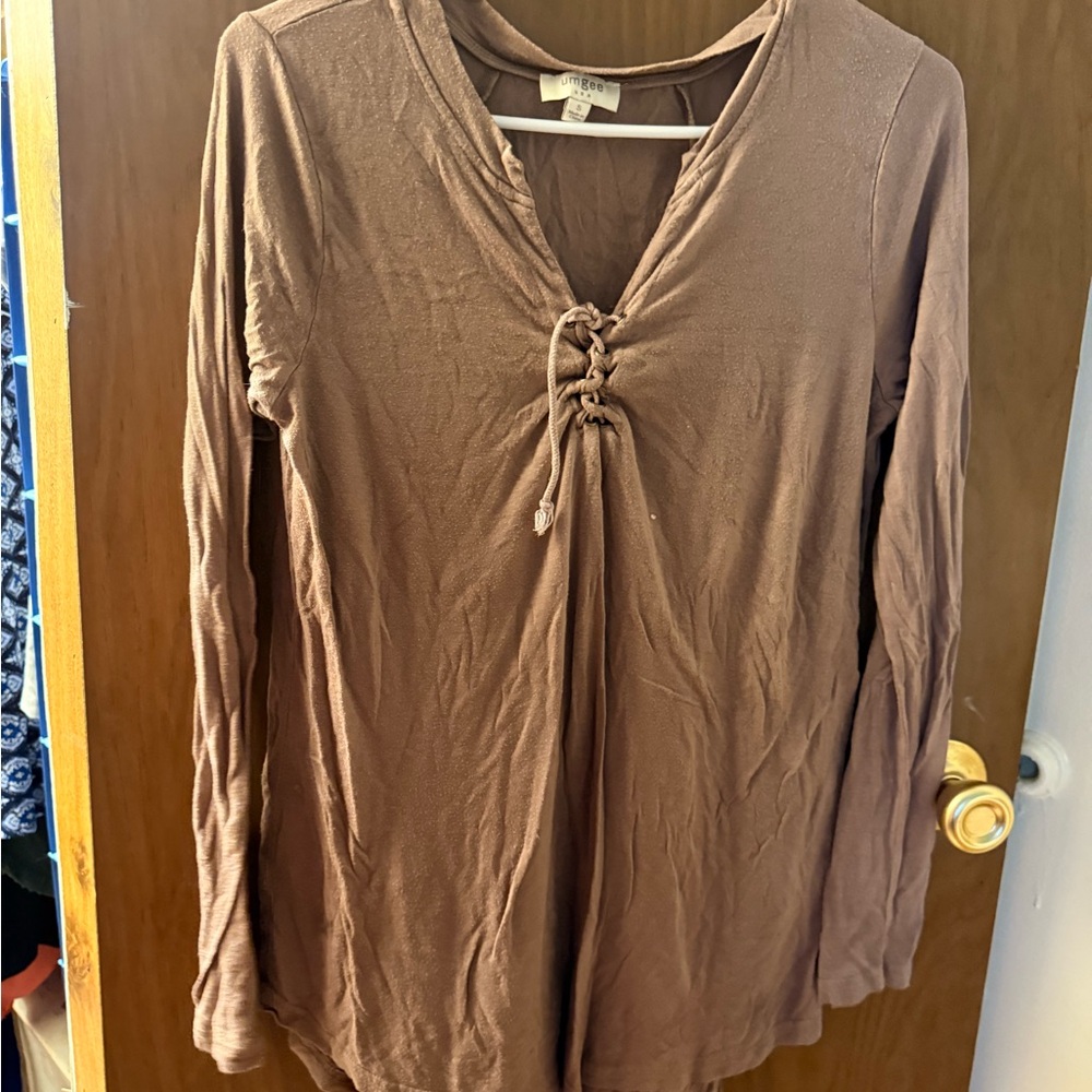 Umgee Brown Gathered V-Neck Long Sleeve Top